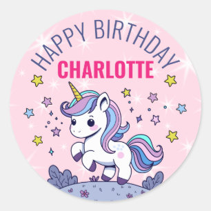 Pegatina Redonda Feliz Cumpleaños Unicornio Mágico Personalizado