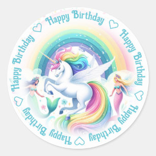 Pegatina Redonda Feliz cumpleaños Unicornio y sirenas