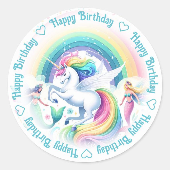 Pegatina Redonda Feliz cumpleaños Unicornio y sirenas (Anverso)