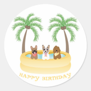 Pegatina Redonda Feliz cumpleaños verano perros piscina
