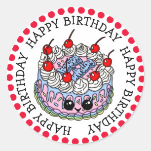 Pegatina Redonda Feliz cumpleaños Whimsical Hand dibujó pastel