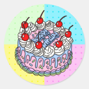 Pegatina Redonda Feliz cumpleaños Whimsical Hand dibujó pastel