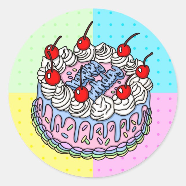 Pegatina Redonda Feliz cumpleaños Whimsical Hand dibujó pastel (Anverso)