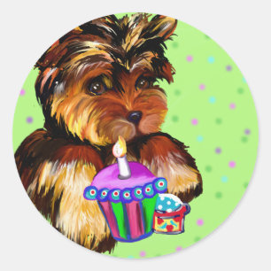 PEGATINA REDONDA FELIZ CUMPLEAÑOS YORKIE POO