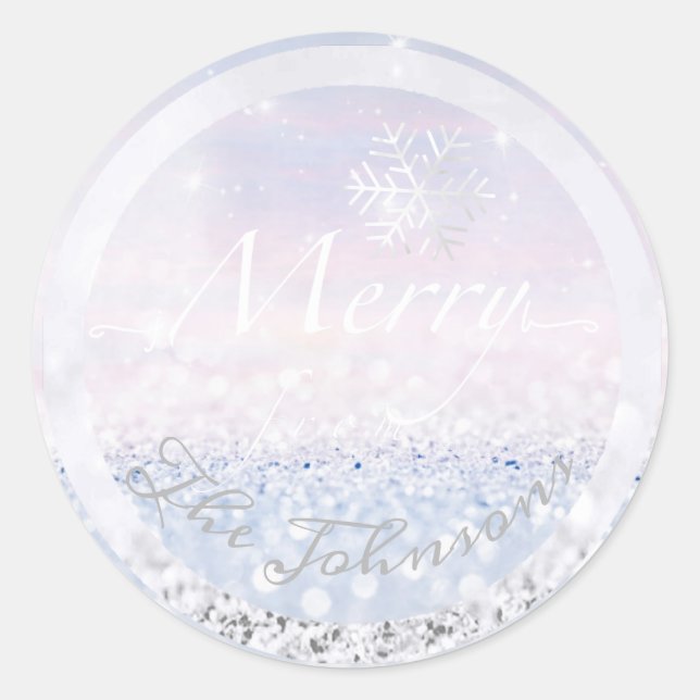 Pegatina Redonda Feliz del Purpurina Azul de Snowflakes con nombre  (Anverso)