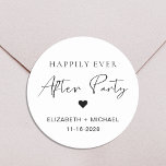 Pegatina Redonda Feliz desde la recepción de la boda Fiesta<br><div class="desc">pegatina de moda para su recepción de boda o celebración de fiesta invitaciones y favores de fiesta presentando "Feliz eterno después del Fiesta" en una mezcla de tipografía simple y un guión moderno y sus nombres y fecha de recepción. Puede cambiar los colores del texto, el corazón y el fondo...</div>