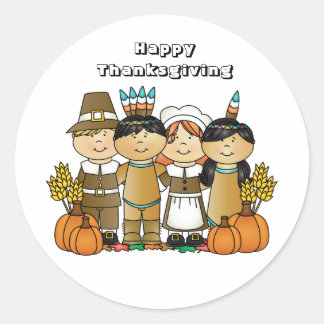 Pegatina Redonda Feliz Día de Acción de Gracias a los niños