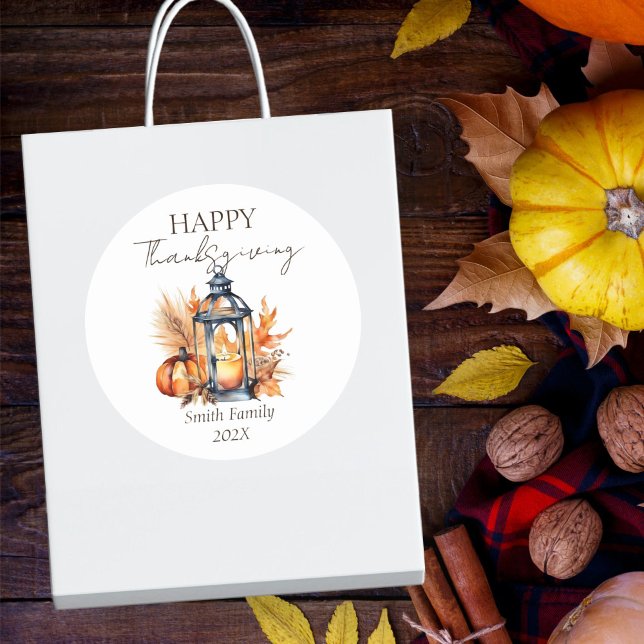 Pegatina Redonda Feliz Día de Acción de Gracias, boho calabaza, acu (Happy Thanksgiving favor gift stickers modern watercolor boho lantern pumpkin pampas grass)