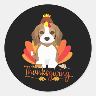 Pegatina Redonda Feliz Día de Acción de Gracias Con Pavo Perro Beag