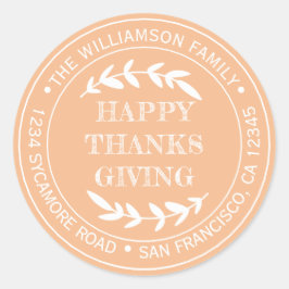 Pegatina Redonda Feliz Día de Acción de Gracias dirección de devolu