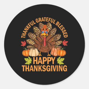 Pegatina Redonda Feliz Día de Acción de Gracias, divertido calabaza