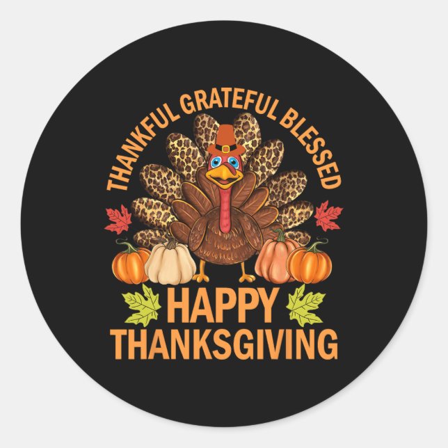 Pegatina Redonda Feliz Día de Acción de Gracias, divertido calabaza (Anverso)