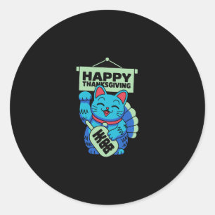 Pegatina Redonda Feliz Día de Acción de Gracias Maneki Neko Gato Af