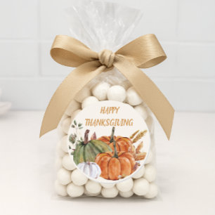 Pegatina Redonda Feliz Día de Acción de Gracias Naranja Blanco Verd