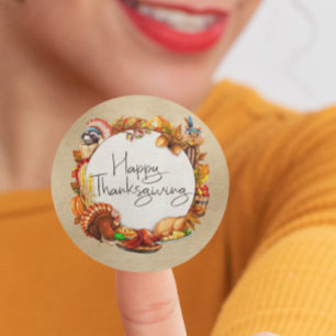 Pegatina Redonda Feliz Día de Acción de Gracias Otoño Leaf Wreath A