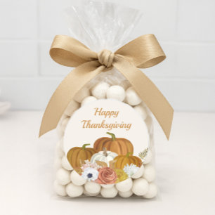 Pegatina Redonda Feliz Día de Acción de Gracias Pumpkins Floral Bur