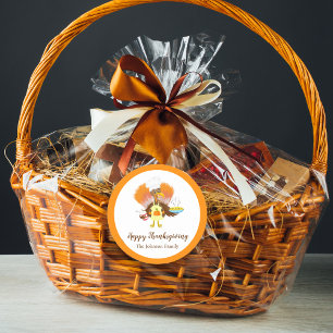 Pegatina Redonda Feliz Día de Acción de Gracias Turquía sirviendo a