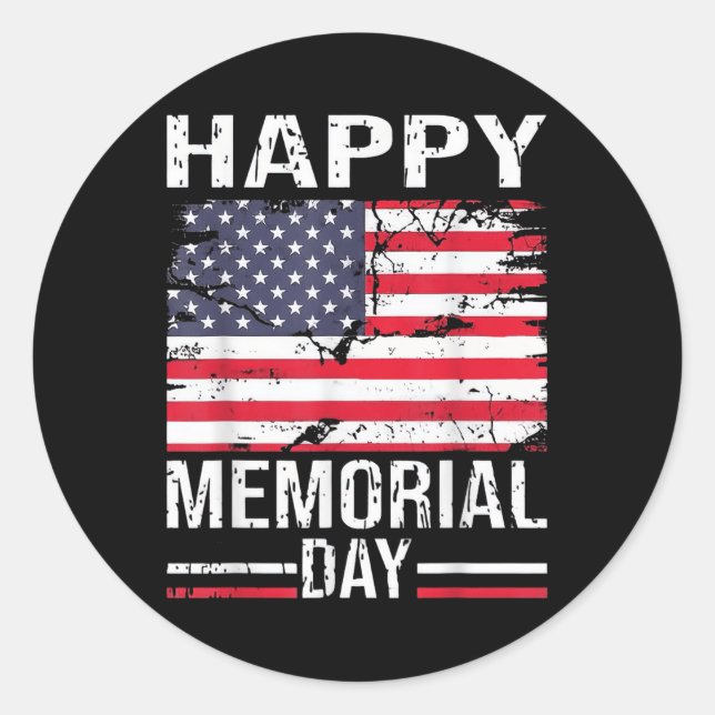 Pegatina Redonda Feliz Día De Conmemoración Bandera Estadounidense, (Anverso)