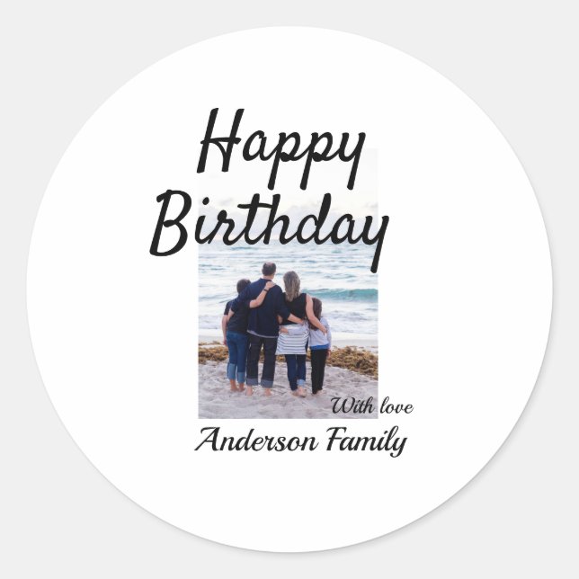 Pegatina Redonda Feliz día de cumpleaños foto familia nombre clase  (Anverso)