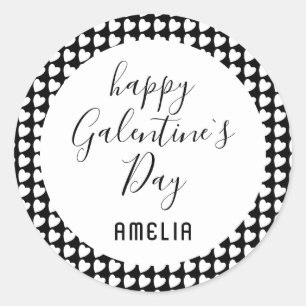 Pegatina Redonda Feliz Día de Galentine Corazón Blanco y Negro