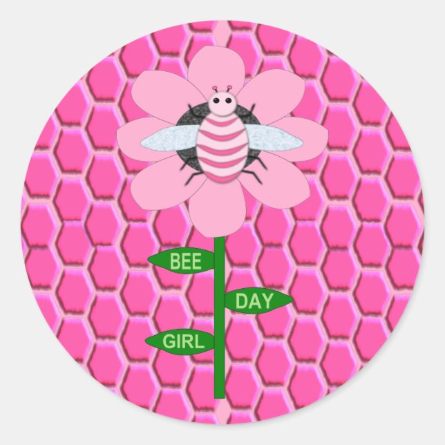 Pegatina Redonda Feliz Día de la Abeja Chica Pink Birthday Bumblebe (Anverso)