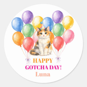 Pegatina Redonda Feliz día de la adopción Celebración Gata Calico