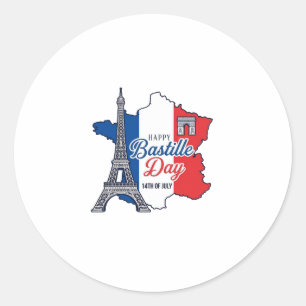 Pegatina Redonda Feliz Día de la Bastilla Francia Mapa Torre Eiffel