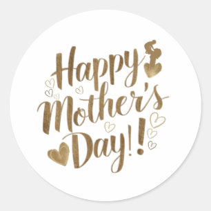 Pegatina Redonda Feliz Día de la Madre Corazón de Guión Dorado