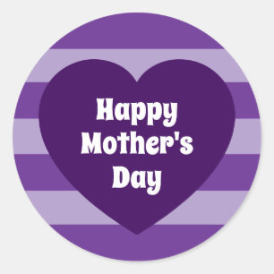Pegatina Redonda Feliz Día de la Madre Corazón Morado Oscuro Simple