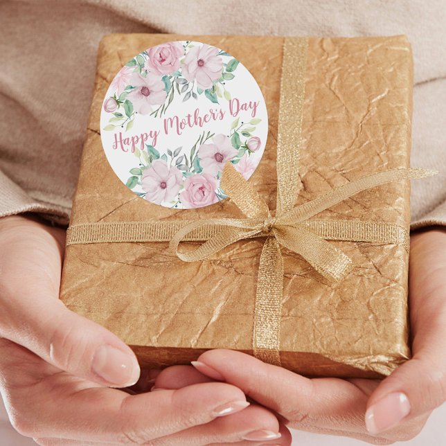 Pegatina Redonda Feliz Día de la Madre | Flores acuáticas rosadas (Subido por el creador)