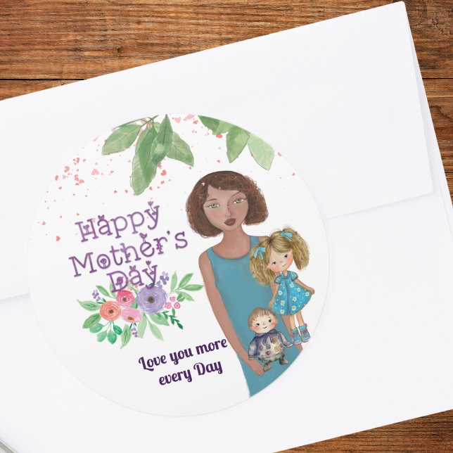 Pegatina Redonda FELIZ DÍA DE LA MADRE | Madre e hijos ( HAPPY MOTHER'S DAY _ Mother & kids Classic Round Sticker)
