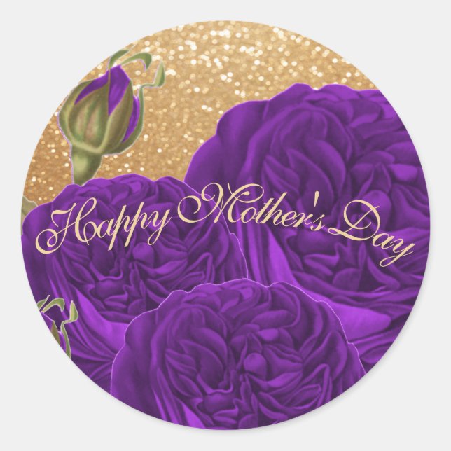 Pegatina Redonda Feliz Día de la Madre, Rosas morados (Anverso)