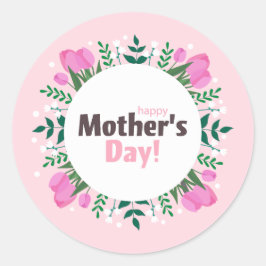 Pegatina Redonda Feliz Día de la Madre Tulipanes Rosas