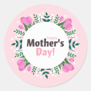 Pegatina Redonda Feliz Día de la Madre Tulipanes Rosas