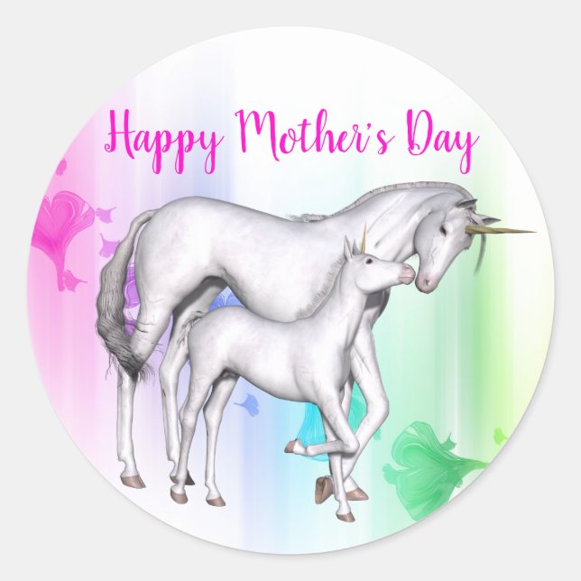 Pegatina Redonda Feliz Día de la Madre | Unicornio con su bebé (Anverso)