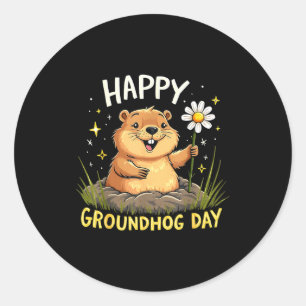 Pegatina Redonda Feliz día de la marmota con flor 