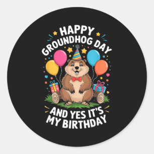 Pegatina Redonda Feliz día de la marmota y es mi cumpleaños 2 de fe