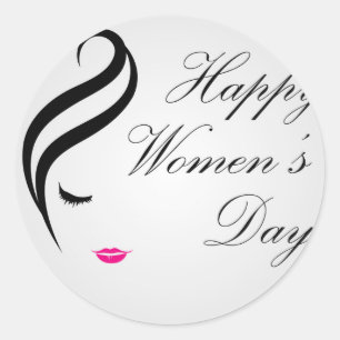 Pegatina Redonda Feliz día de la mujer con la cara de una dama