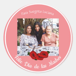Pegatina Redonda Feliz Día de las Madres Rosas Coral suave
