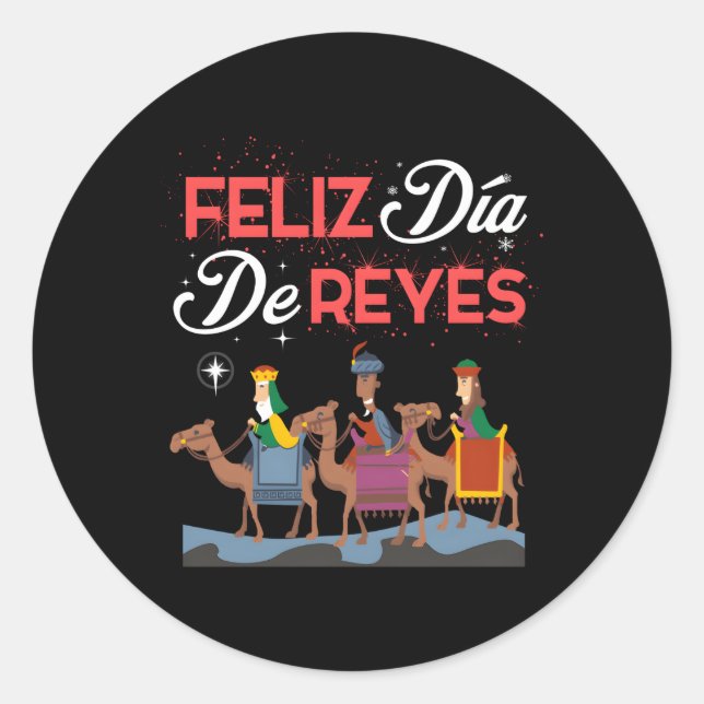 Pegatina Redonda Feliz Día de los Reyes Tres Felices Epifanía (Anverso)