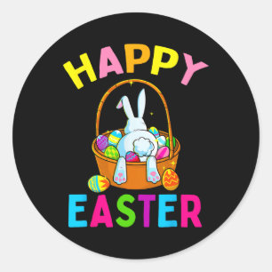 Pegatina Redonda Feliz Día de Pascua Bunny cazando huevos de chocol