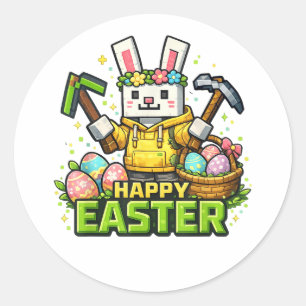 Pegatina Redonda Feliz día de Pascua Conejo Huevo Videojugador 