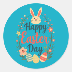 Pegatina Redonda Feliz Día de Pascua Conejo y Huevos