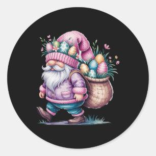 Pegatina Redonda Feliz día de Pascua Gnomo Conejo Huevos Feliz Pasc