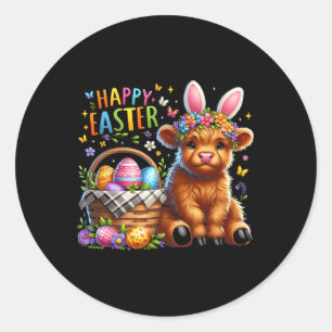 Pegatina Redonda Feliz Día de Pascua Vaca Cute Pascua Niñas Conejit