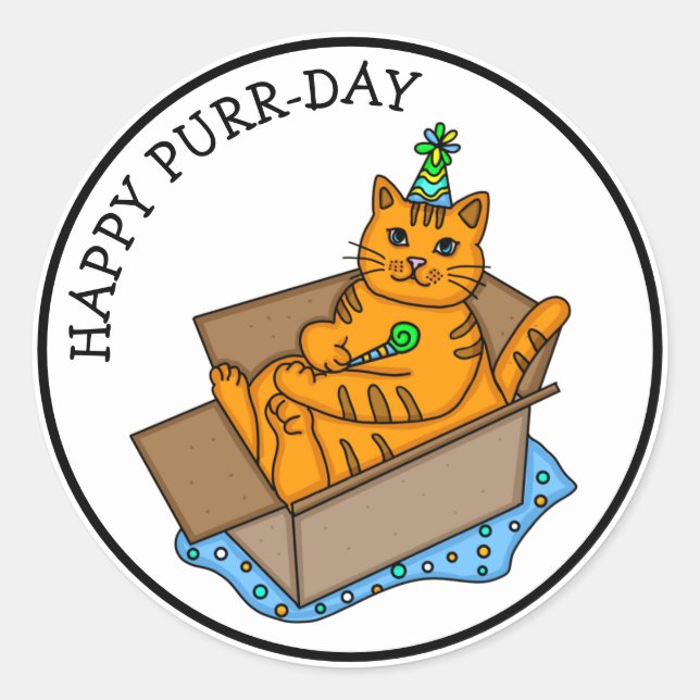 Pegatina Redonda Feliz Día de Purr | Cumpleaños de Cat Pun (Anverso)