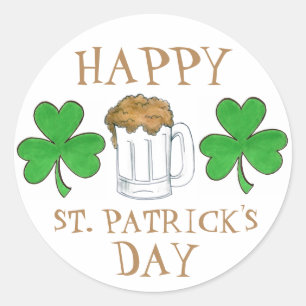 Pegatina Redonda Feliz Día de San Patricio Cerveza Verde Shamrock