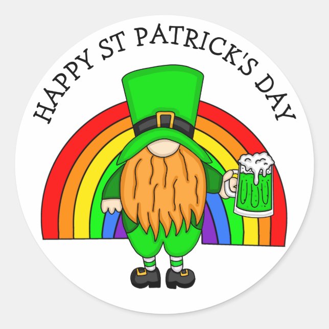 Pegatina Redonda Feliz Día de San Patricio | Gnome Leprechaun (Anverso)