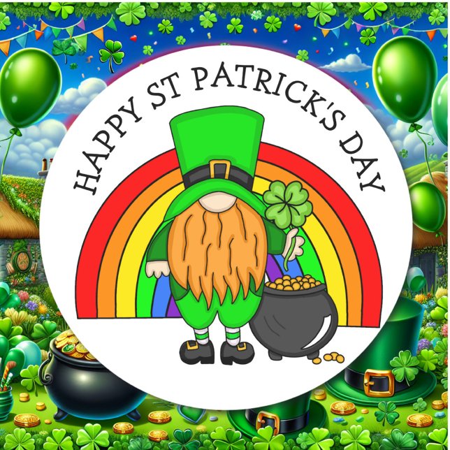 Pegatina Redonda Feliz Día de San Patricio | Gnome Leprechaun (Subido por el creador)