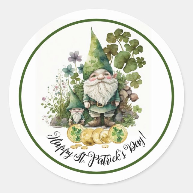 Pegatina Redonda Feliz Día de San Patricio. Gnomes irlandeses acuar (Anverso)
